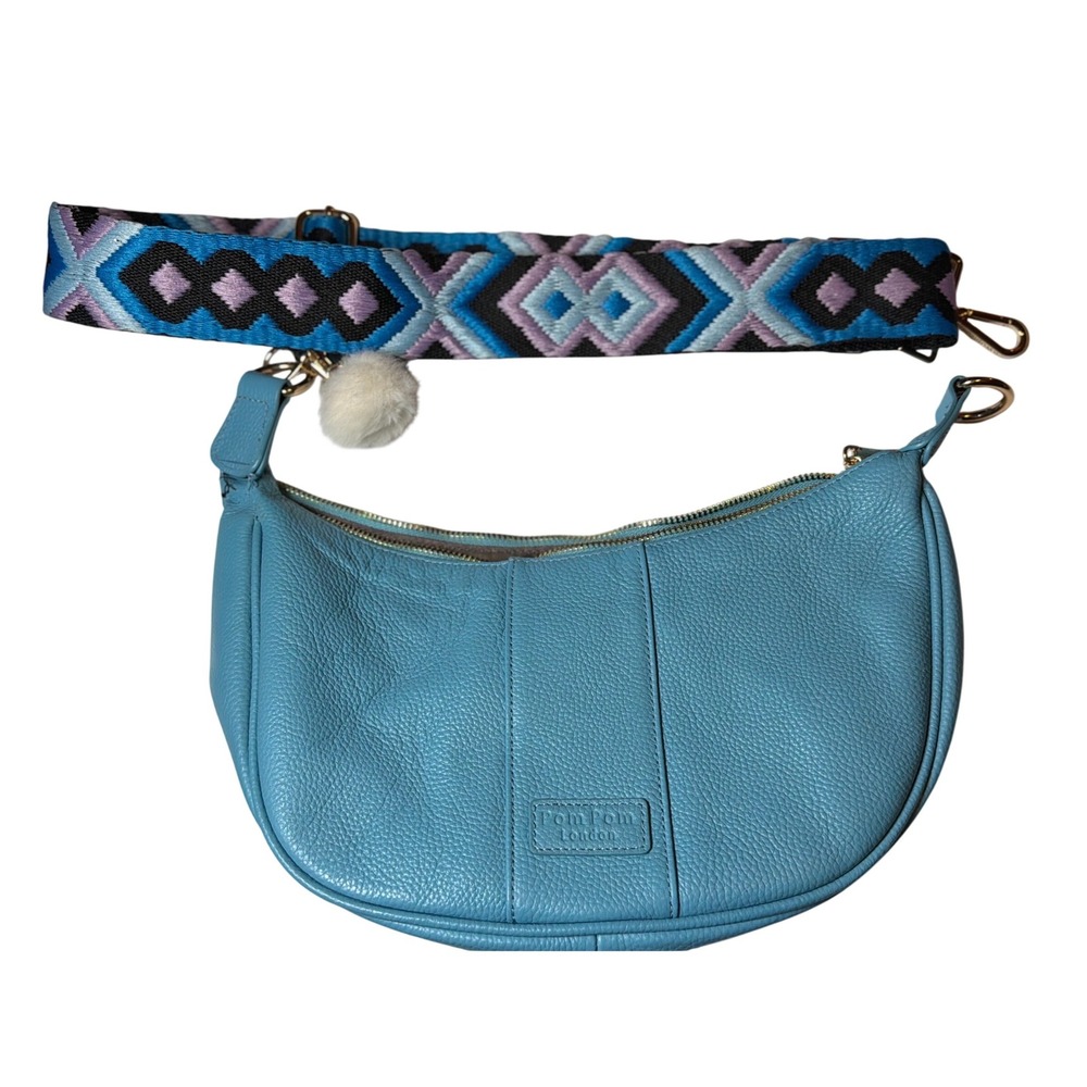 Pom Pom London Sutton Leather Crescent Crossbody Cabana Blue Boho Strap Handbag